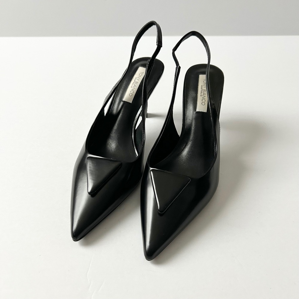 Tony Bianco Bertie Black Leather Pointed Toe Slingback Heels Triangle Plaque 7 - Picture 2 of 8